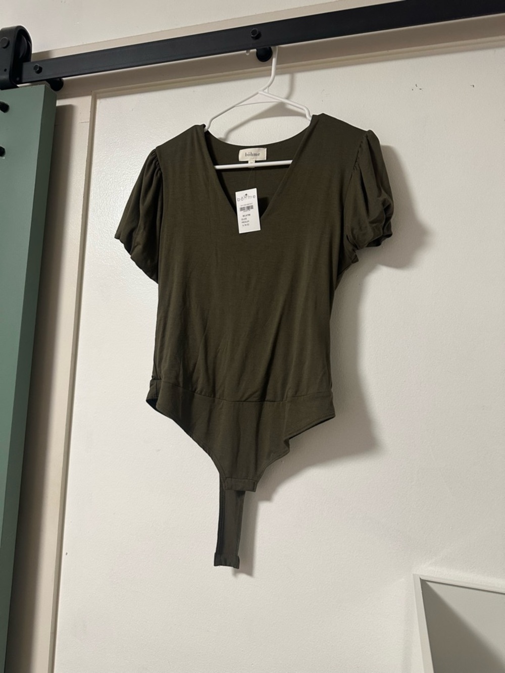 bohme Olive V-Neck Puff Sleeve Bodysuit